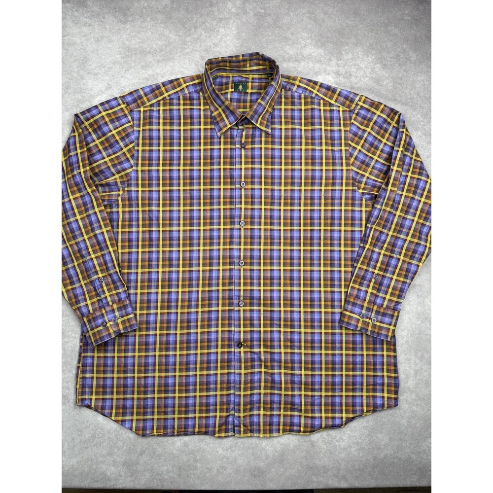 Robert Talbott Shirt Mens XXL Plaid Yellow Purple Blue Button Down Cotton Pocket